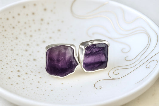 Raw Amethyst Gemstone Earrings – 14k Gold or Sterling Silver Stud Setting - February Birthstone Gift