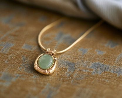 Green Aventurine Pendant Necklace , Waterproof 18K Gold Filled PVD Stainless Steel