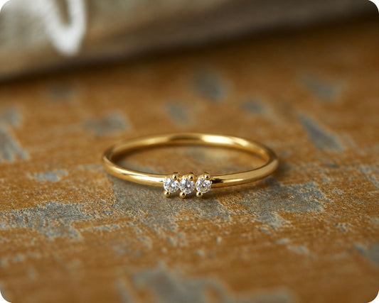 Tiny Triad Dainty Gold Diamond CZ  Ring