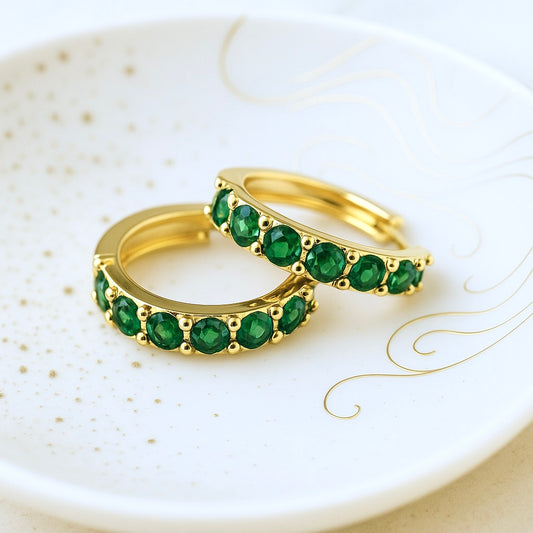 Emerald Islands Green CZ Huggie Hoops in 18k Gold Vermeil, Dainty Gemstone Hoop Earrings, May Birthstone Gift