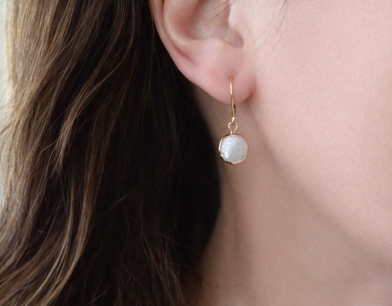 Pearl Drop Earrings Gold, Freshwater Pearl Coin Dangle Earrings, June Birthstone Gift for Her