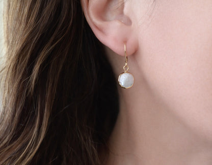 Pearl Drop Earrings Gold, Freshwater Pearl Coin Dangle Earrings, June Birthstone Gift for Her