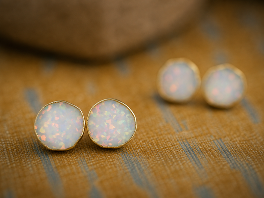 Round White Opal Stud Earrings | 14k Gold Opal Earrings | October Birthstone Jewelry | Gift for Her, Opal Post Earrings, Round Gemstone Earrings