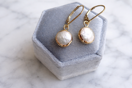 Pearl Drop Earrings Gold, Freshwater Pearl Coin Dangle Earrings, June Birthstone Gift for Her