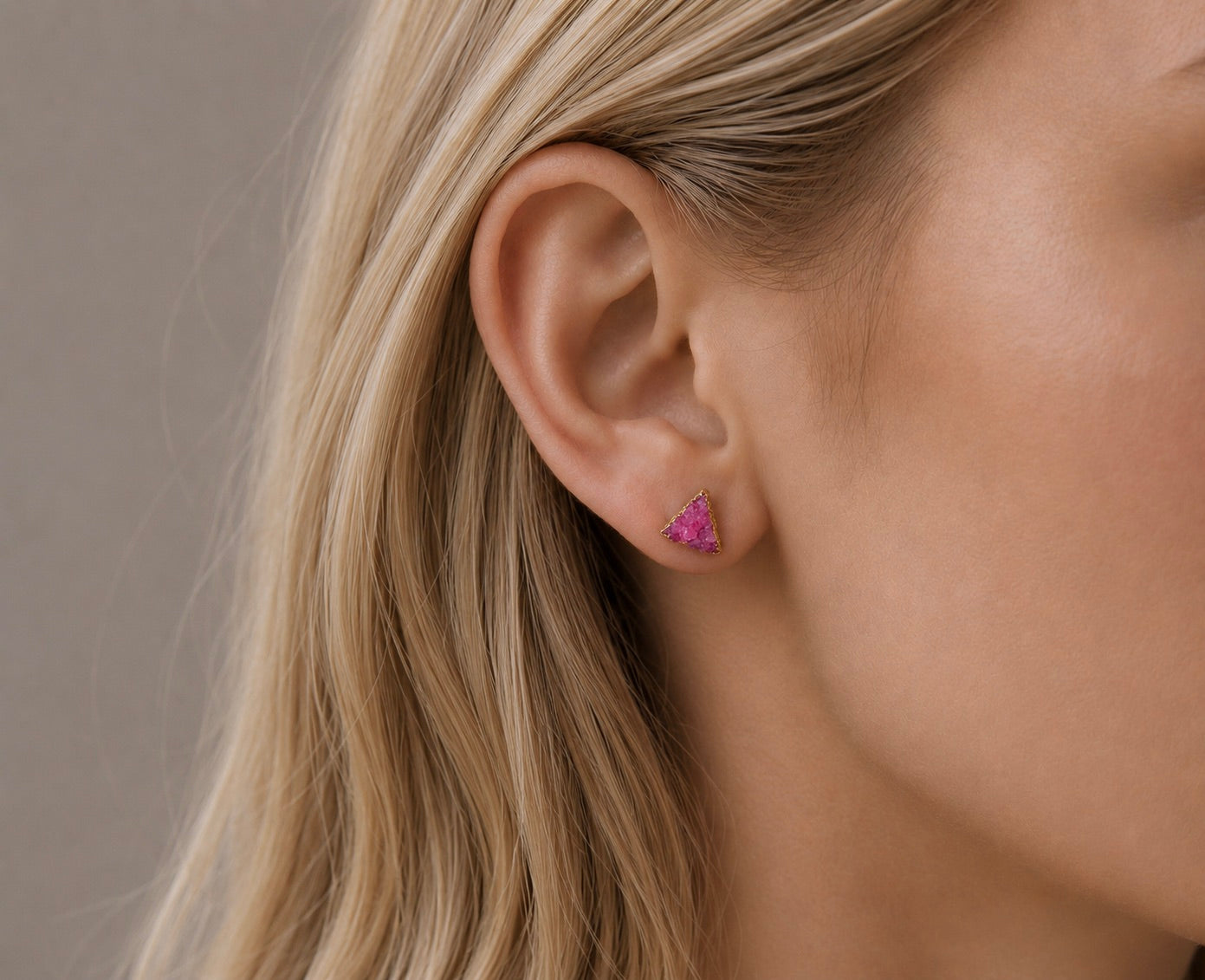 Pink Triangle Druzy Studs – Crystal Earrings with 14k Gold Electroplate