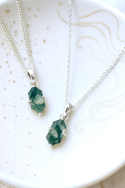 Moss Agate Necklace Silver Fill - Dainty Gemstone Necklace - Hexagon Crystal Pendant
