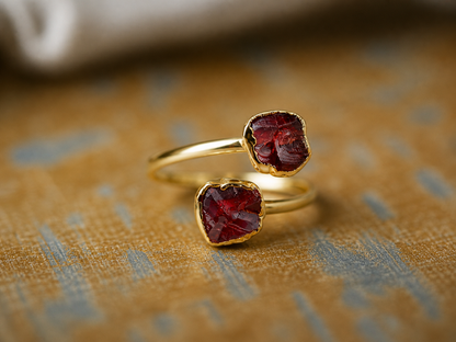 Raw Garnet Adjustable Ring Gold | January Birthstone Jewelry | Open Wrap Ring with Two Natural Red Gemstones – Garnet Ring Gift for Her