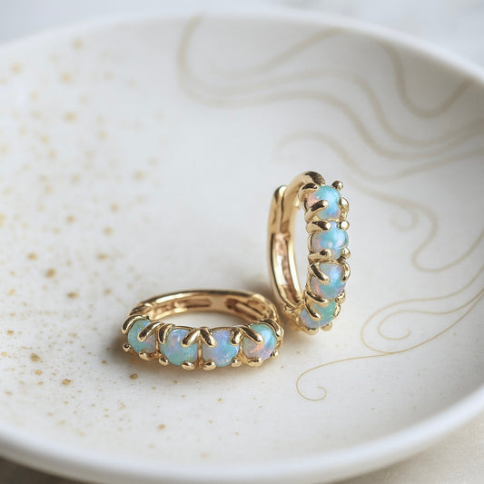 Blue Opal Huggie Hoop Earrings, Small Dainty Gold Hoop Earrings, October Birthstone
