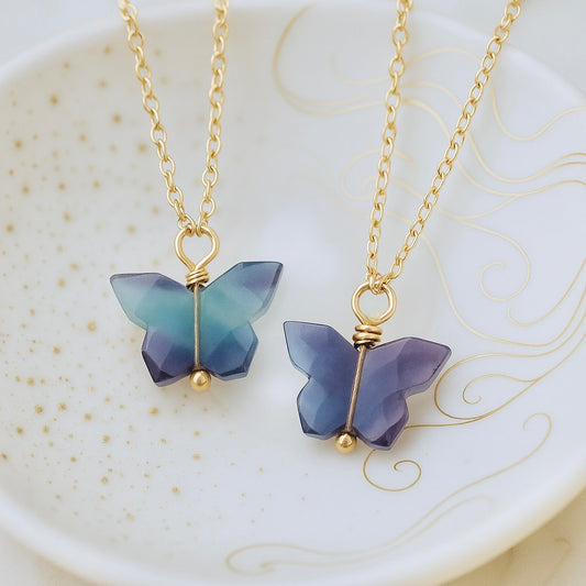 Rainbow Fluorite Butterfly Necklace – Gold Fill Chain with Delicate Gemstone Pendant, Natural Crystal Jewelry
