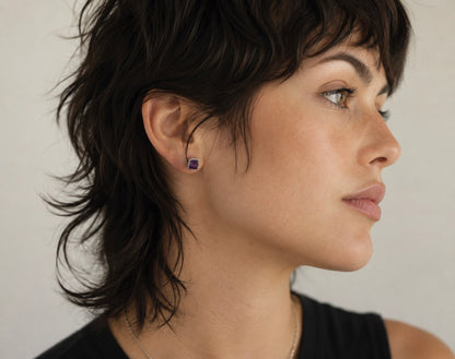 Raw Amethyst Gemstone Earrings – 14k Gold or Sterling Silver Stud Setting - February Birthstone Gift