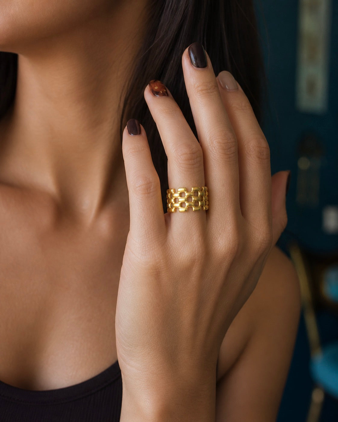 Gold Wide Band Ring, WATERPROOF Gold Ring,Mesh Statement Ring,Bubble Ring Gold,Cigar Band Ring,Tarnish Free Ring,PVD Stainless Steel Jewelry