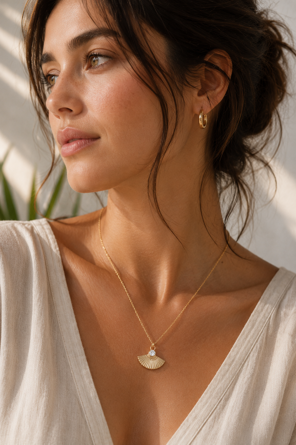 Waterproof Art Deco Fan Pendant Necklace – 18k Gold PVD Over Stainless Steel with CZ Stone