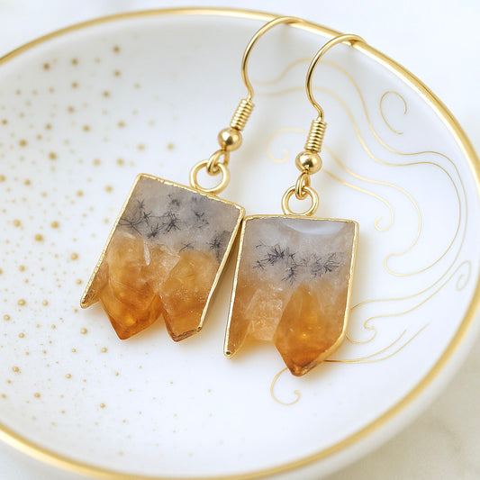 Citrine Slice Dangle Earrings -14K Gold Raw Gemstone Earrings, November Birthstone Jewelry, Boho Crystal Earrings