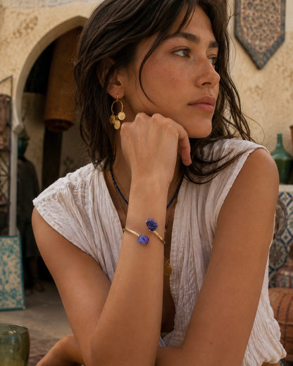 Raw Amethyst Wrap Bracelet – 14k Gold Plated Twist Cuff with Double Crystal Points – February Birthstone Jewelry – Boho Amethyst Bangle