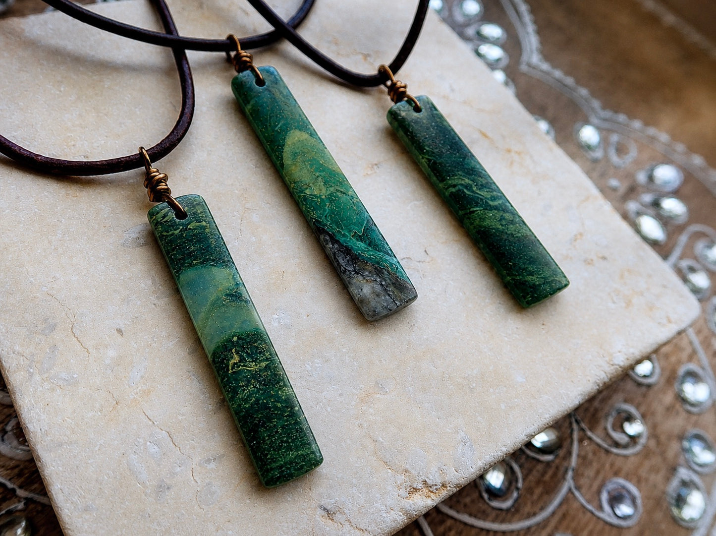 Men’s Leather Cord Necklace with Slim Rectangular Jade Pendant – Minimalist Natural Stone Jewelry – Handmade Green Jade Necklace