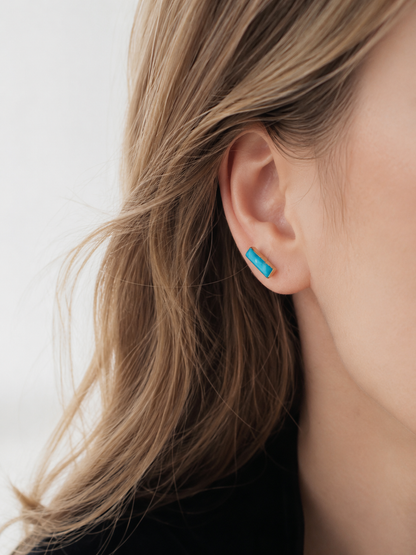 Thetis Turquoise Studs | Natural Gemstone Bar Stud Earrings, Dainty Minamalist Gold Turquoise Post Earrings