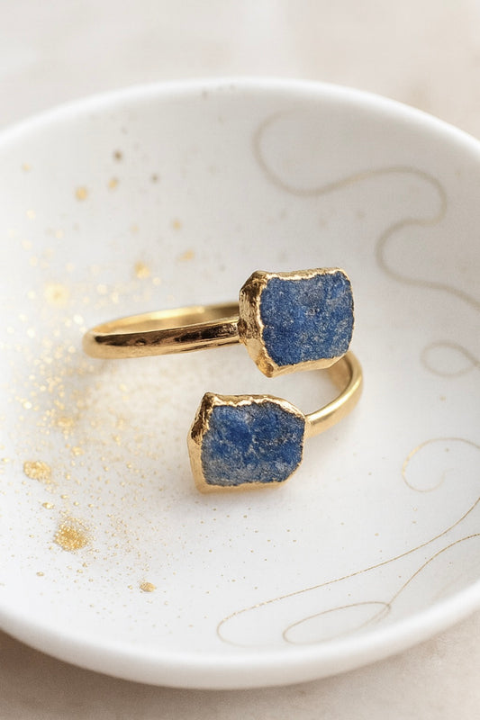 Raw Sapphire Adjustable Ring – 14k Gold Open Wrap Ring with Two Natural Blue Gemstones, September Birthstone Jewelry
