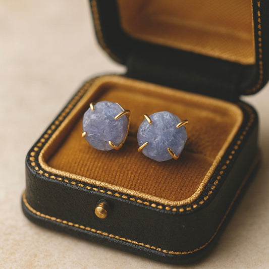 Raw Tanzanite Stud Earrings – Gold Plated Prong Setting | December Birthstone Gemstone Jewelry