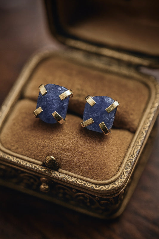 Raw Sapphire Prong Set Earrings – 14k Gold Plated, Natural Gemstone Studs