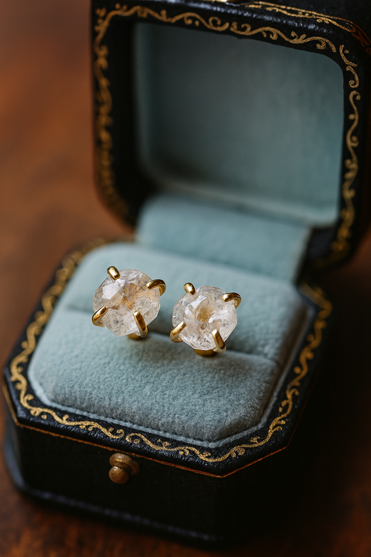 Raw Herkimer Diamond Stud Earrings – 14k Gold Plated Prong Set | Natural Crystal Earrings for Women