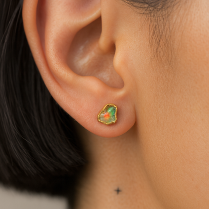 Raw Fire Opal Stud Earrings – 14k Gold Electroplated Sterling Silver – Genuine October Birthstone – Hypoallergenic Gold Posts – Handmade Gift for Her