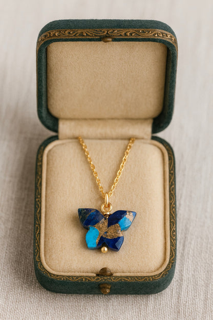 Dainty Butterfly Necklace – 18k Gold Fill with Carved Mojave Turquoise & Lapis Lazuli Pendant, Nature-Inspired Jewelry