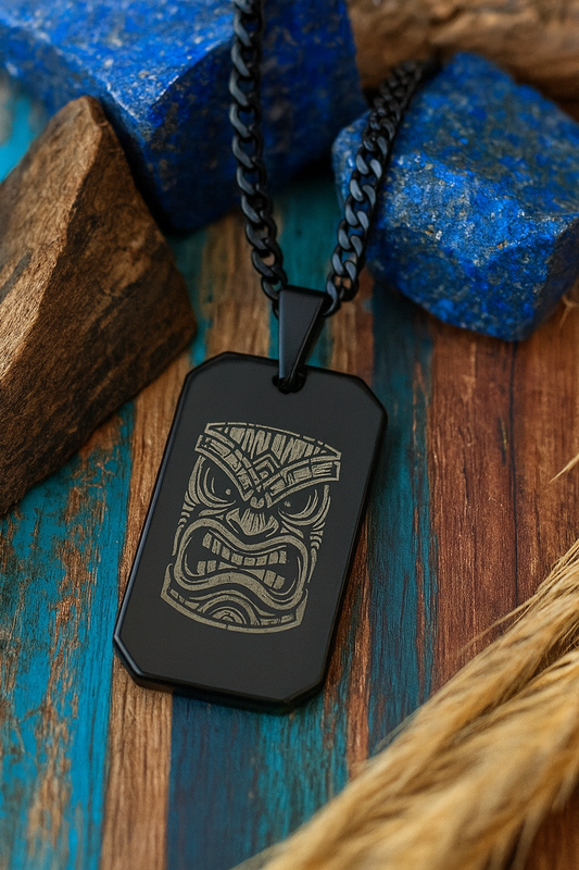 Men's Black Dog Tag Necklace with Tiki Mask Laser Engraving | Surfer & Hawaii-Inspired Black Cuban Chain Pendant