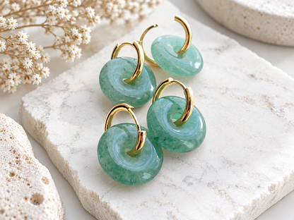 Green Aventurine Earrings Gold,  Natural Gemstone Hoop Earrings, Stone Huggie Hoops
