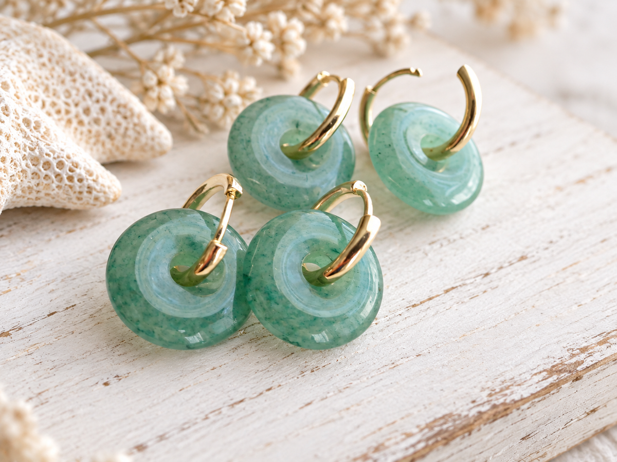 Green Aventurine Earrings Gold,  Natural Gemstone Hoop Earrings, Stone Huggie Hoops