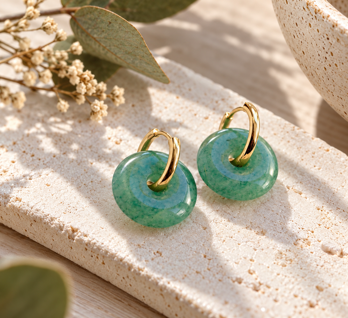 Green Aventurine Earrings Gold,  Natural Gemstone Hoop Earrings, Stone Huggie Hoops