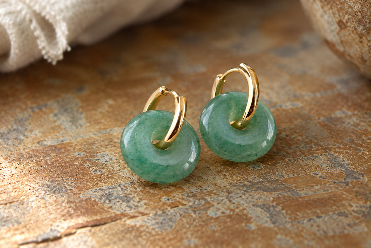 Green Aventurine Earrings Gold,  Natural Gemstone Hoop Earrings, Stone Huggie Hoops