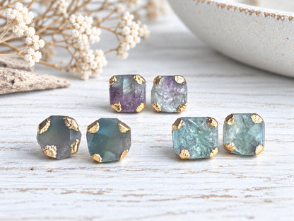 Raw Rainbow Fluorite Stud Earrings, Purple & Green Gemstone Studs, Natural Crystal Post Earrings