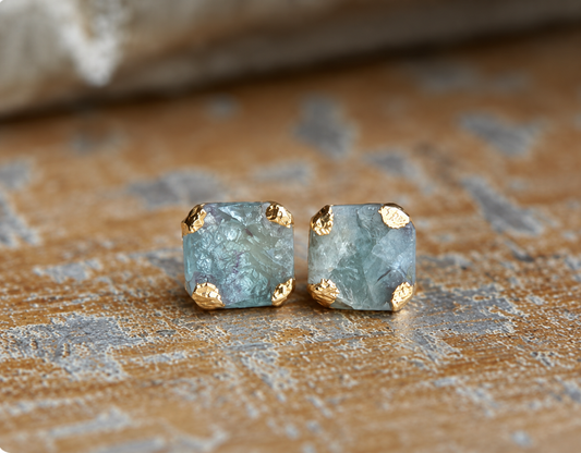 Raw Rainbow Fluorite Stud Earrings, Purple & Green Gemstone Studs, Natural Crystal Post Earrings