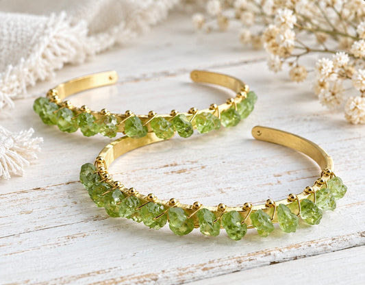 Peracles Peridot Bracelet | Gold Plated Open Cuff Bracelet with Wire-Wrapped Raw Peridots | August Birthstone Jewelry