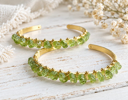 Gold Plated Open Cuff Bracelet with Wire-Wrapped Raw Peridots | August Birthstone Jewelry