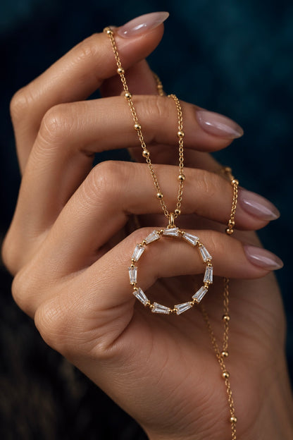 Gold Fill Eternity Necklace with  Baguette Crystals,  Halo Circle Pendant, Dainty Minimalist Jewelry, Gift for Her Everyday Elegant Gift