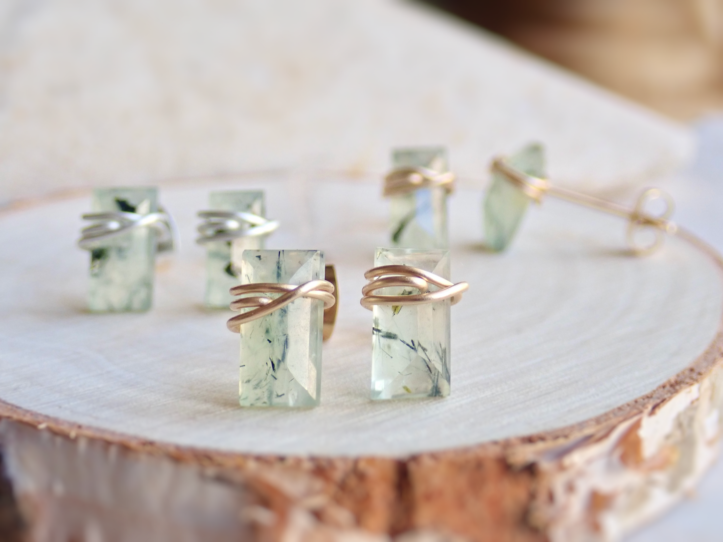 Moss Prehnite Wire Wrapped Studs