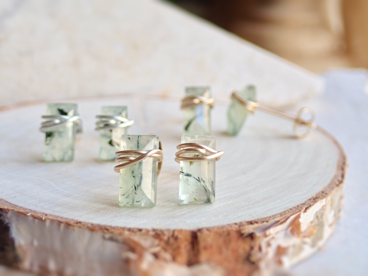 Moss Prehnite Wire Wrapped Studs