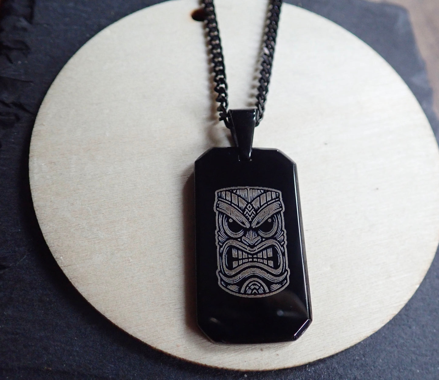 Tiki Mask Dog Tag Necklace