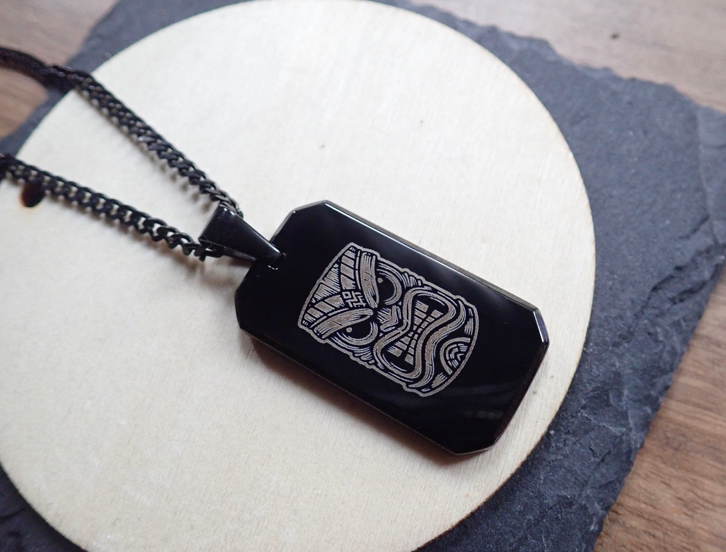 Tiki Mask Dog Tag Necklace