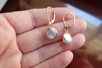 Pearl Drop Earrings Gold, Freshwater Pearl Coin Dangle Earrings, June Birthstone Gift for Her