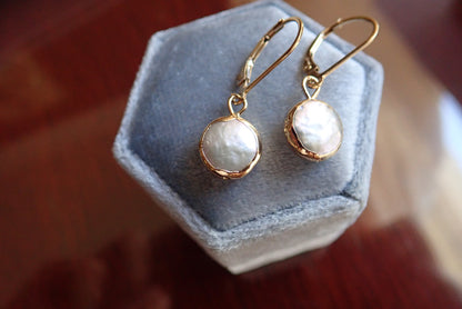 Pearl Drop Earrings Gold, Freshwater Pearl Coin Dangle Earrings, June Birthstone Gift for Her