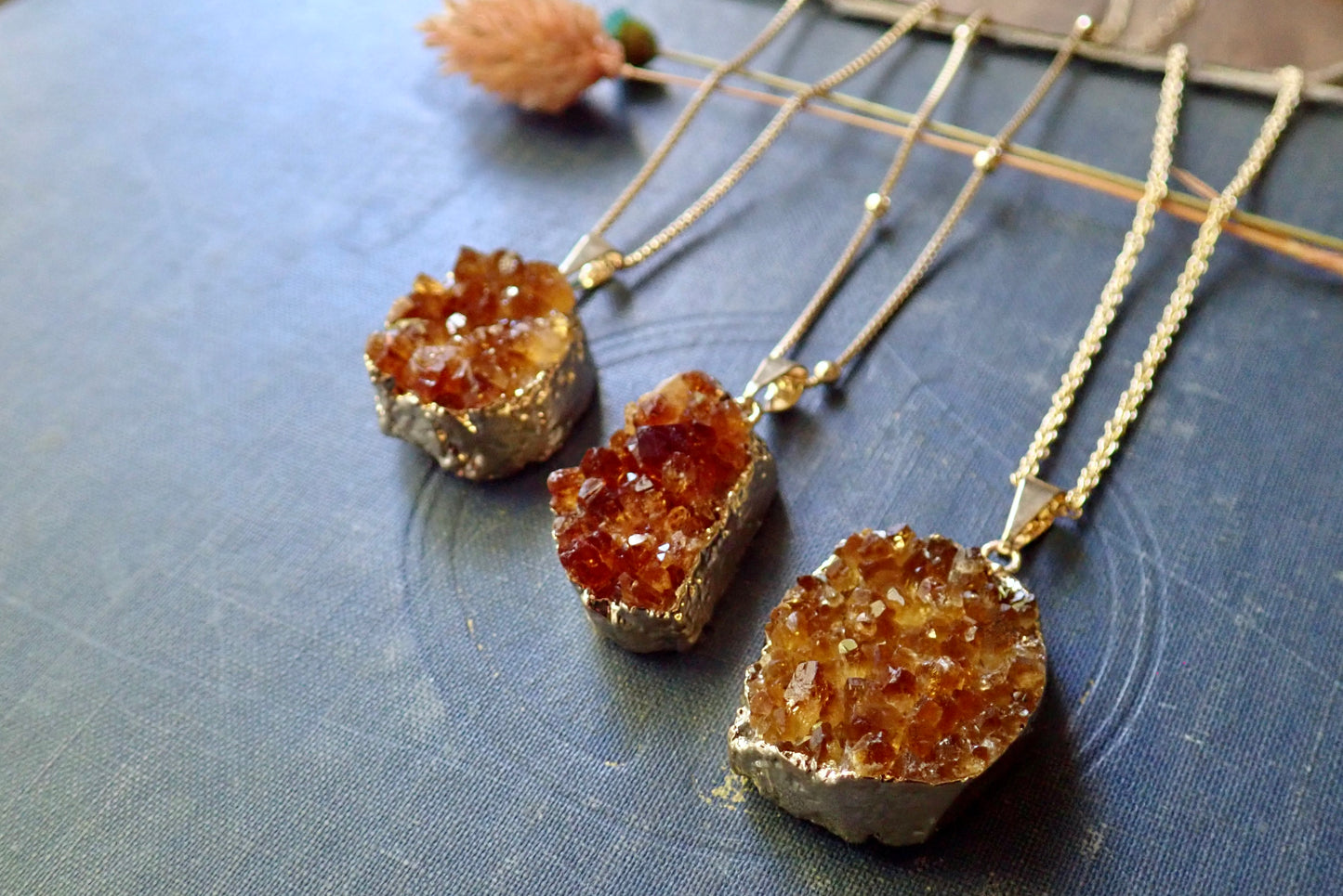 Chunky Raw Citrine Druzy Necklace, 18k Gold Filled, Cable, Box, Satellite Chains