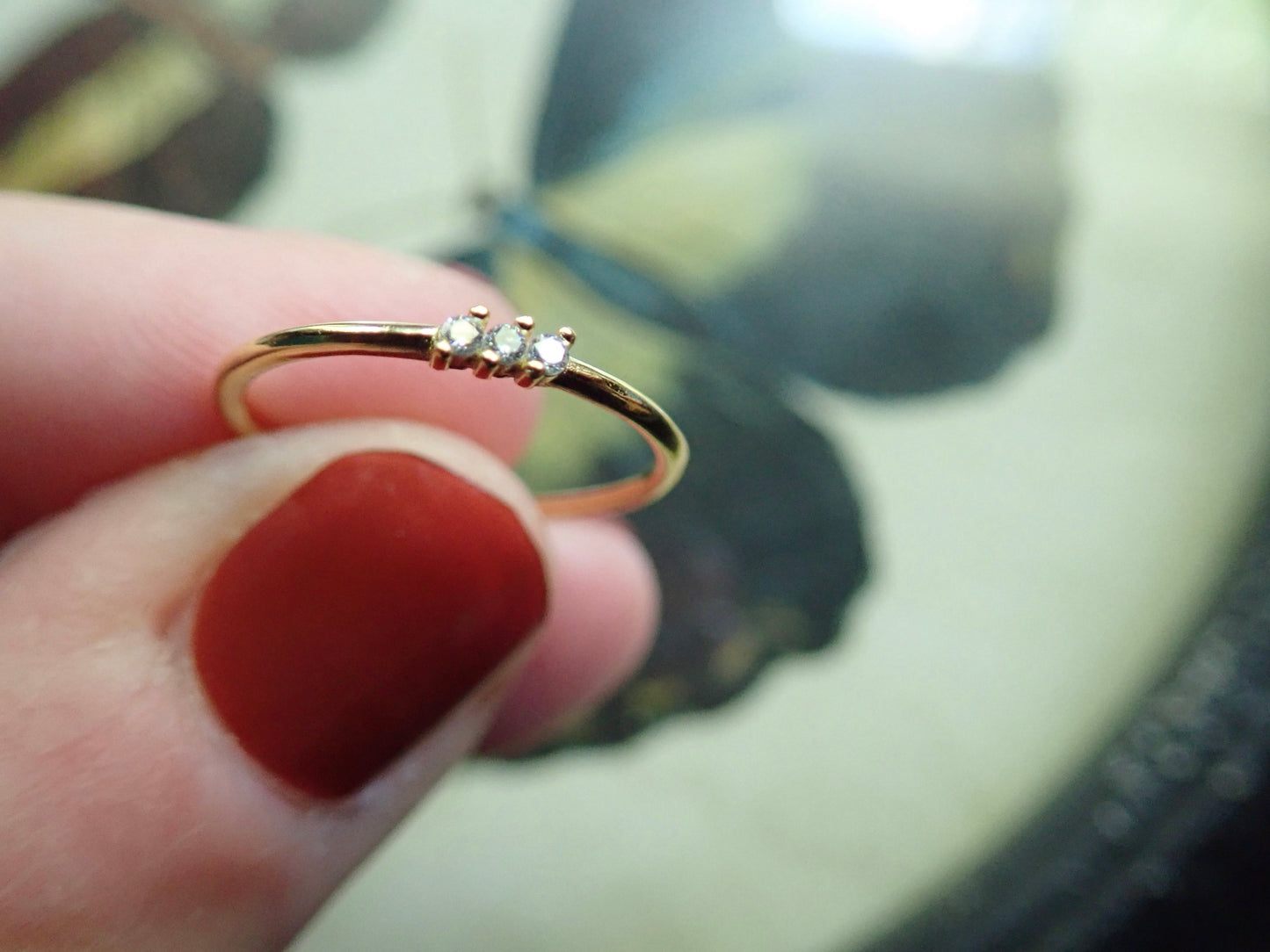 Tiny Triad Dainty Gold Diamond CZ  Ring