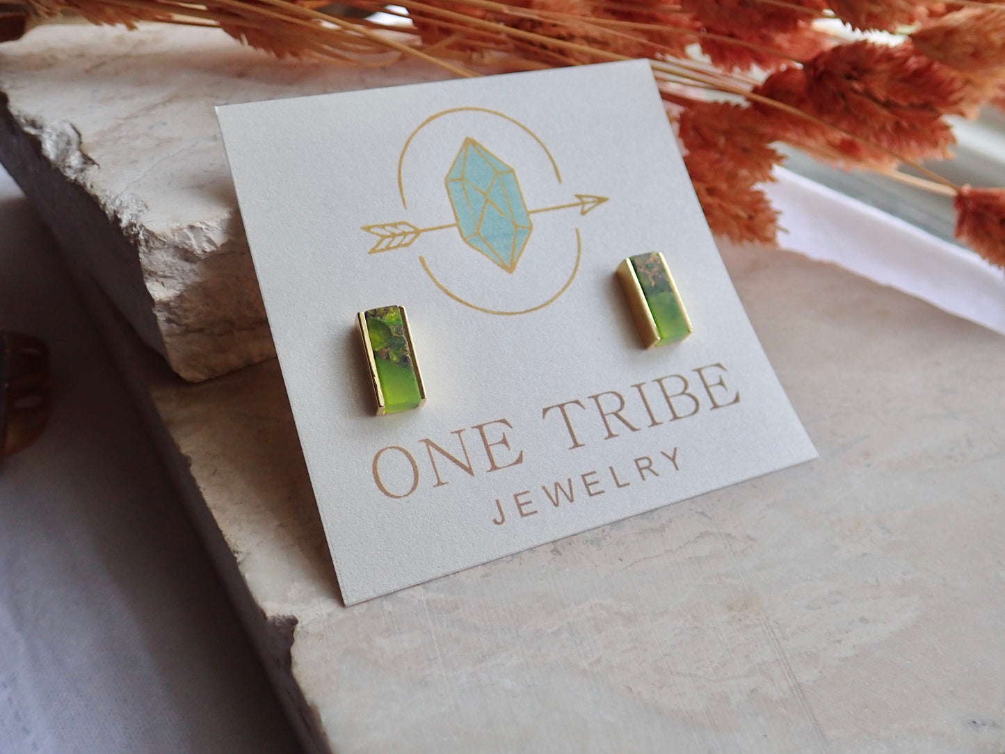 Mojave Stud Earrings • Peridot Earrings Gold • August Birthstone Gift • Green Gemstone Studs • Boho Colorful Jewelry • Gemstone Bar Earrings