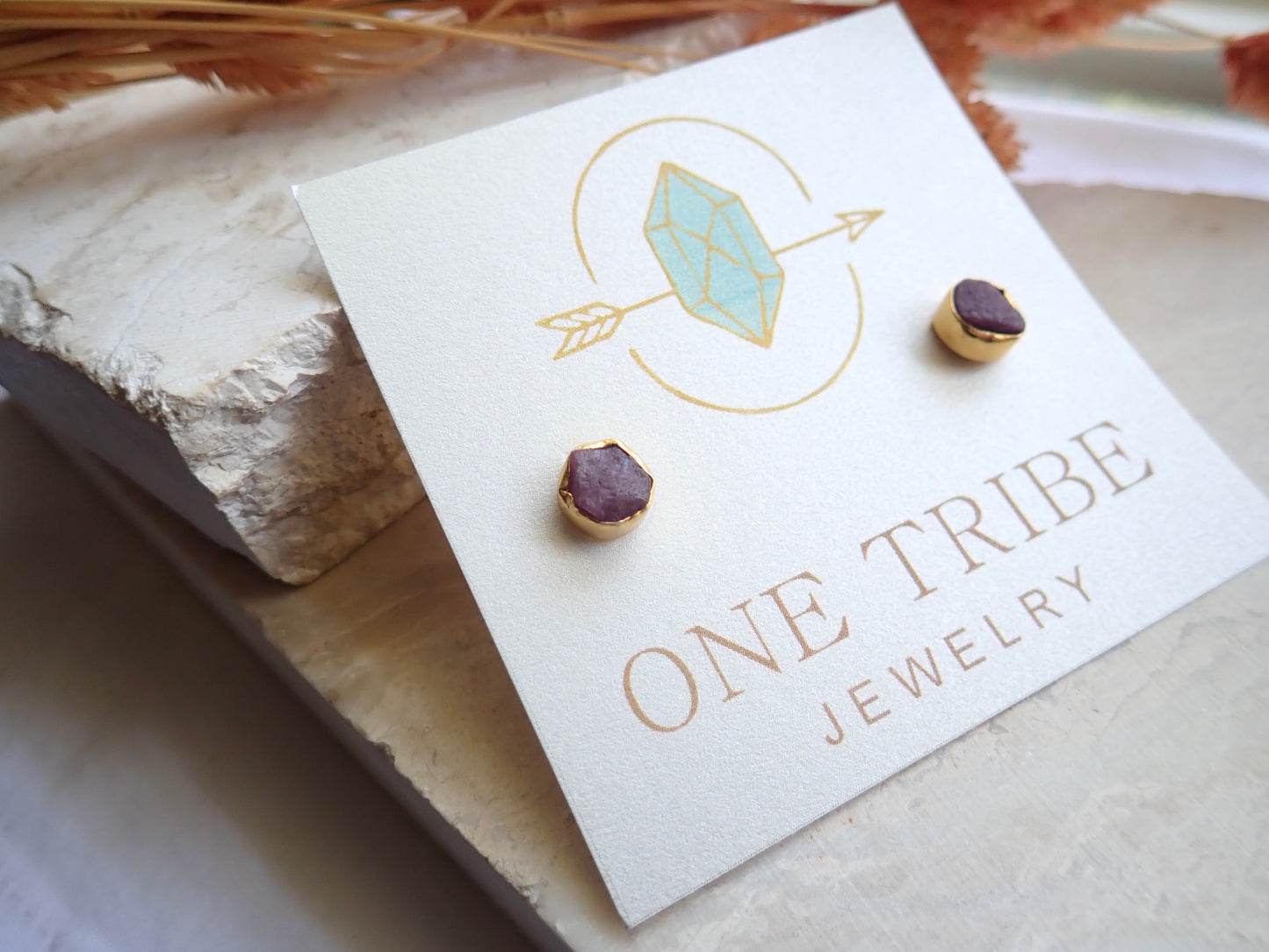 Raw Ruby Stud Earrings – Natural July Birthstone in Gold Setting-  14k Gold Vermeil Studs with Natural Gemstones