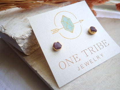 Raw Ruby Stud Earrings – Natural July Birthstone in Gold Setting-  14k Gold Vermeil Studs with Natural Gemstones