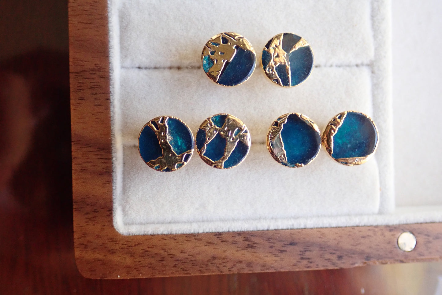 Deep Ocean Blue Mojave Turquoise Stud Earrings | Kintsugi Style Gemstone Earrings- Minimalist Boho Post Earrings -  Round Gemstone Studs