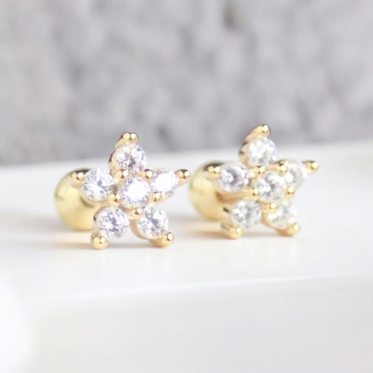 Tiny Flower Diamond Stud Earrings Ball End