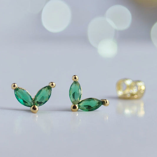 Tiny Emerald Marquise CZ Stud Earrings | 14k Gold Vermeil | Hypo-Allergenic | Cubic Zirconia